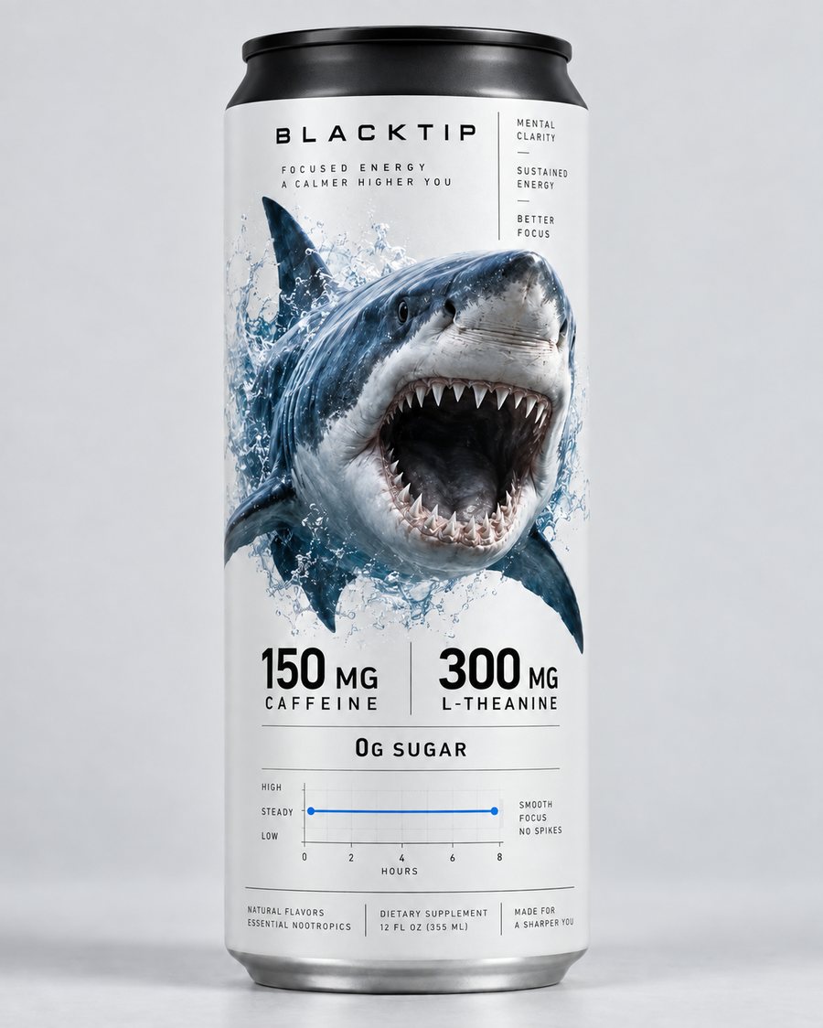BLACKTIP can: matte white with a black top and a shark bursting from the water